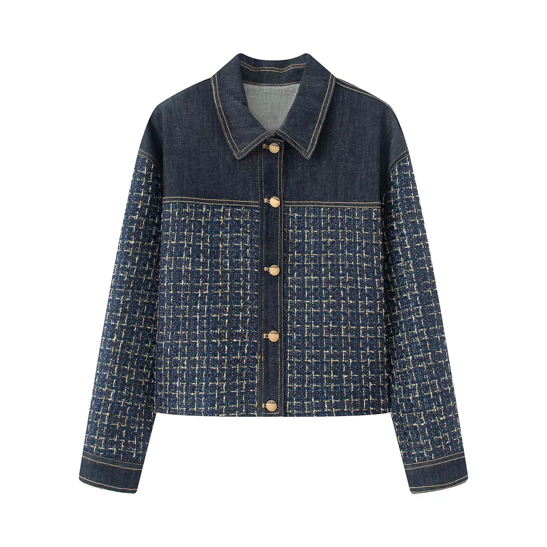 精致复古法式小香粗花呢拼接翻领宽松休闲牛仔外套女31641