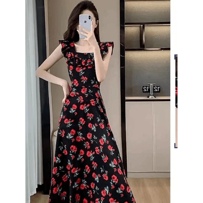 2025夏季新款法式收腰小飞袖长款领衣裙前后两穿碎花连衣裙女