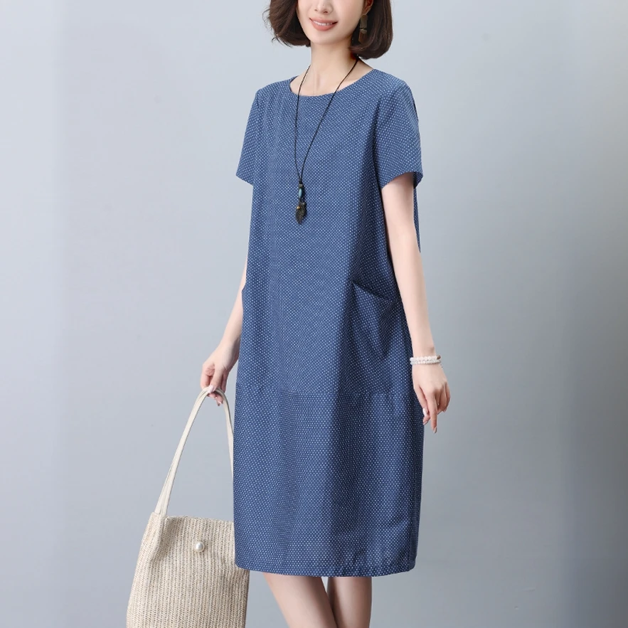 圆点连衣裙女2025新款夏季宽松休闲全棉直筒裙妈妈显瘦遮肚子裙子