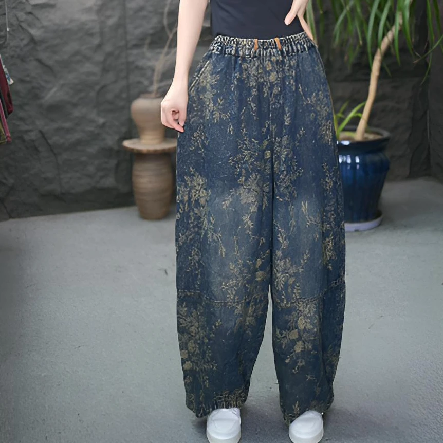 JJ高腰性感风秋季休闲风提花牛仔裤宽松裤子显瘦阔腿裤