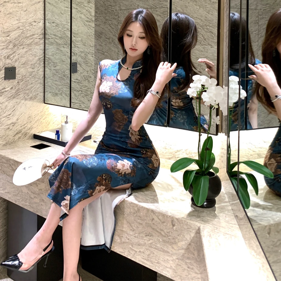 绝美新中式改良旗袍无袖碎花连衣裙女夏季2025新款性感包臀长裙子