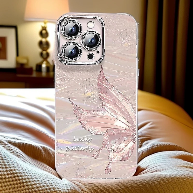 蝴蝶粉色适用苹果16promax2025新款简约防摔轻奢高级感全包手机壳