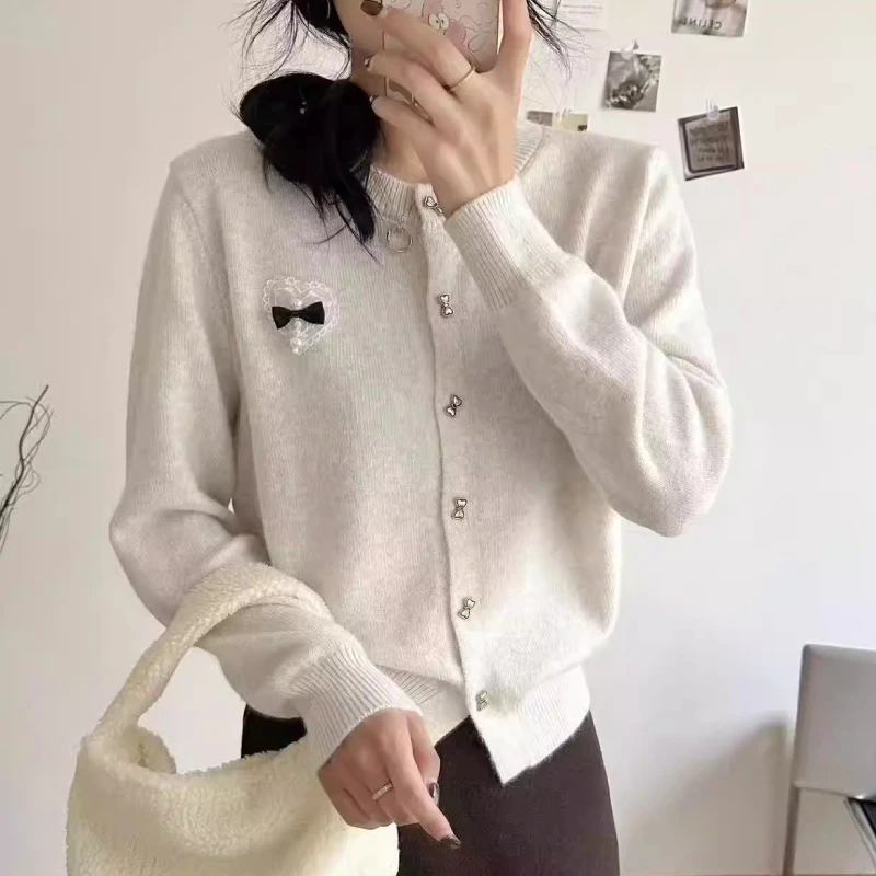 【蝴蝶结钉珠】毛衣开衫女秋季女装气质温柔风长袖针织衫上衣