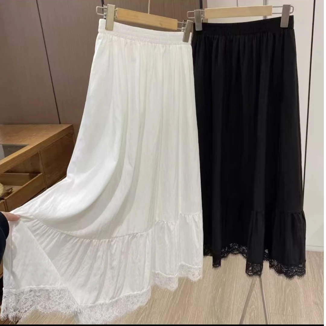 8051-春季新款微胖大码女装半身裙蕾丝白色气质高腰