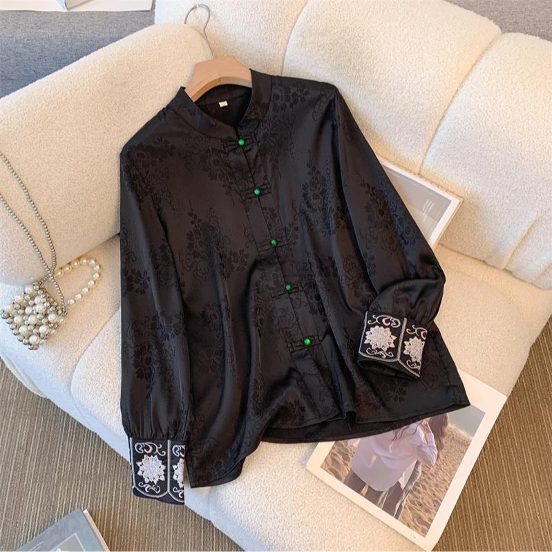 春夏新中式国风刺绣衬衣女显瘦提花盘扣立领衬衫上衣长袖气质