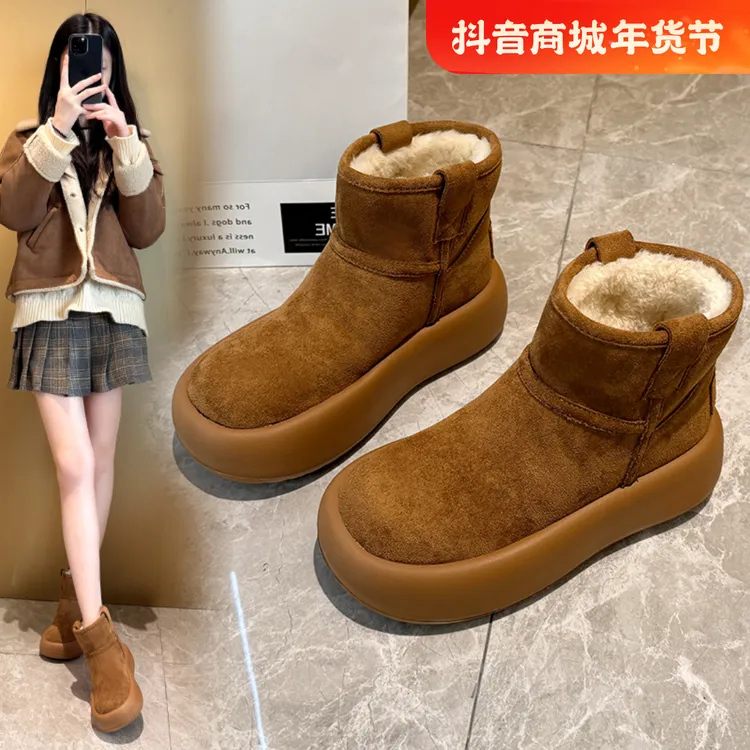 啄木鸟厚底雪地靴女2024新款短筒冬季加绒加厚棉鞋保暖鞋雪地棉鞋