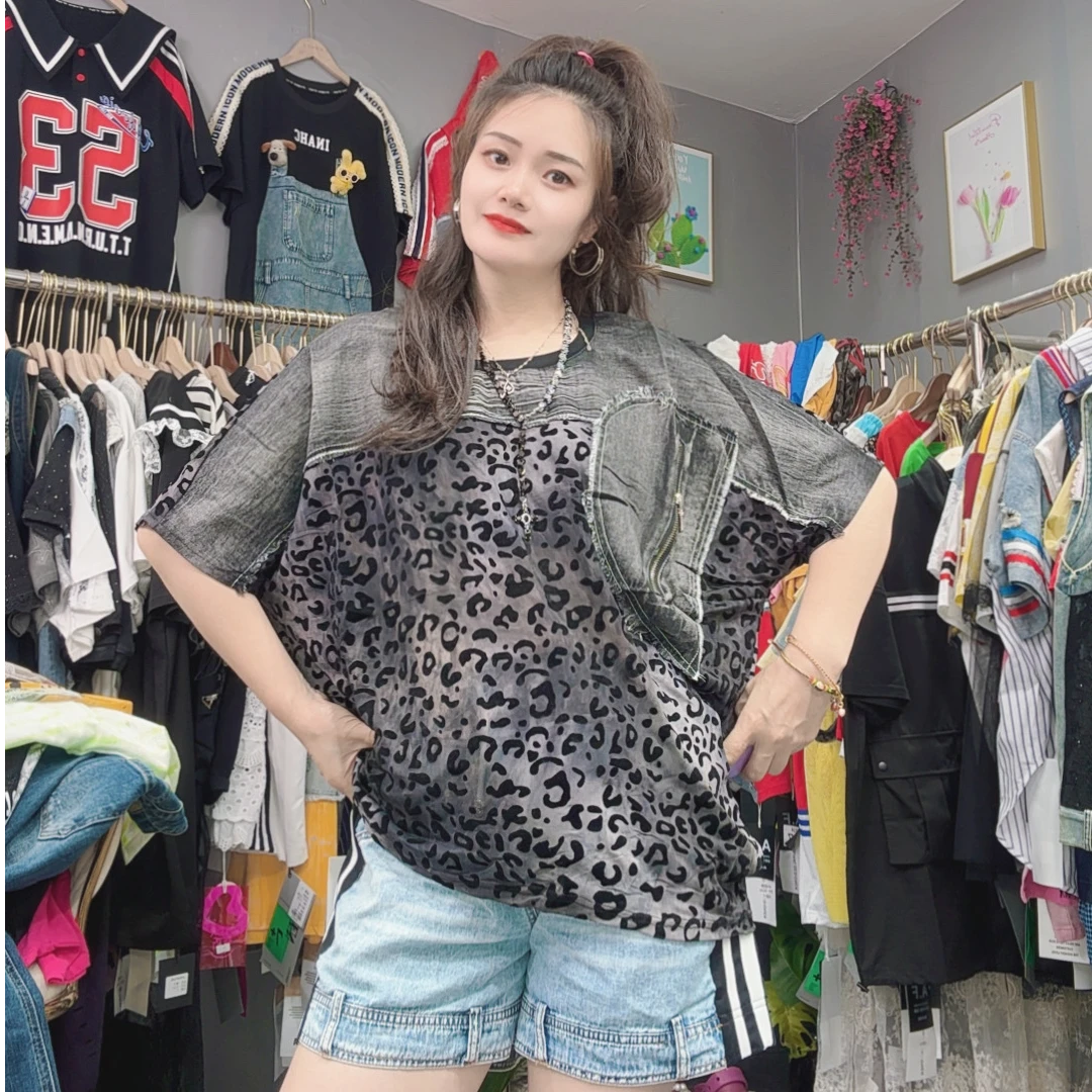 LY家3011#Y.S.T 牛仔拼接豹纹休闲百搭宽松T恤