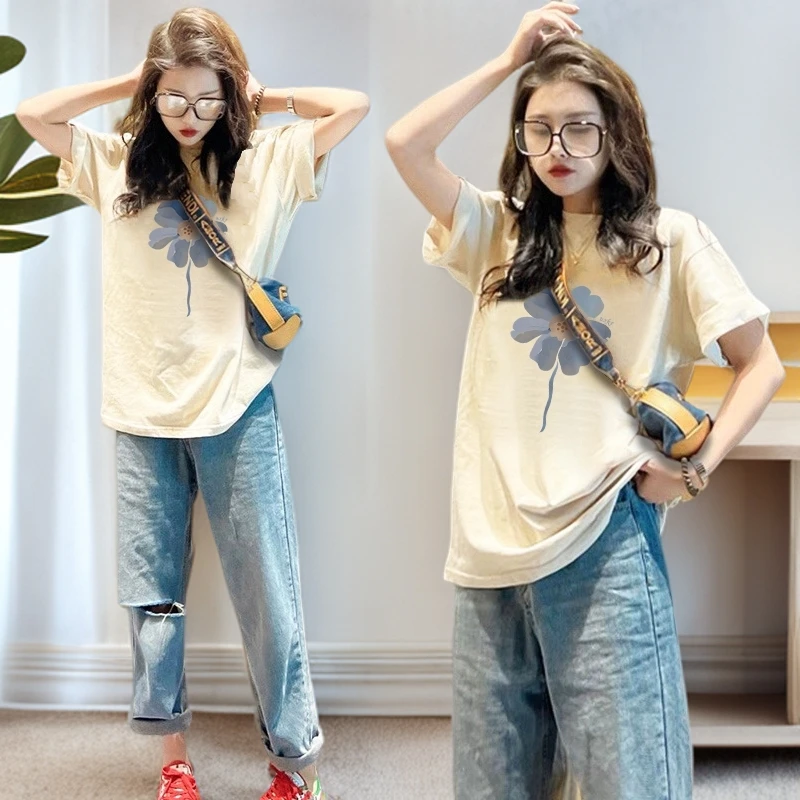 夏季新款纯棉宽松休闲时尚洋气百搭大码显瘦潮流印花小众减龄短袖