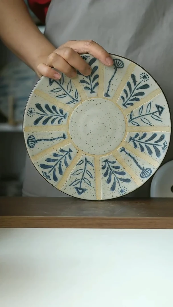 青花手作手绘百草花21cm早餐盘@4-2@