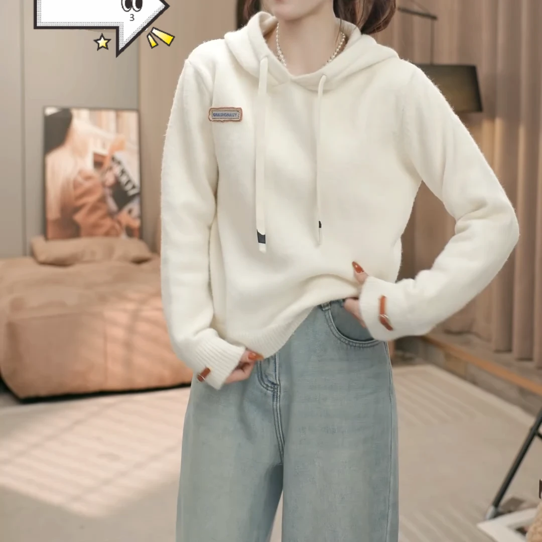 秋冬时尚气质休闲时尚连帽长袖加厚纯色连帽针织上衣LK2500917