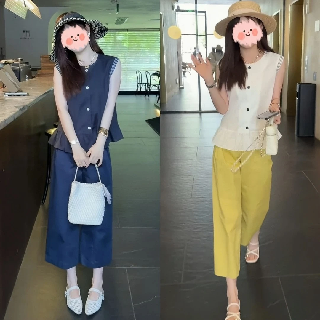 2025夏季新款气质小香风时尚排扣无袖马甲上衣显瘦百搭阔腿裤套装