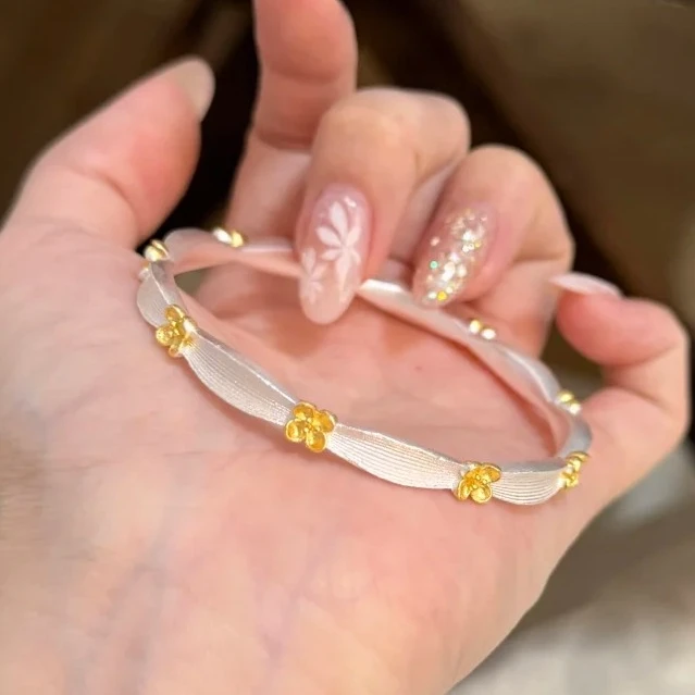 A79【约24g5N】足银9999手镯拉丝金桂花银手环开口C21B82