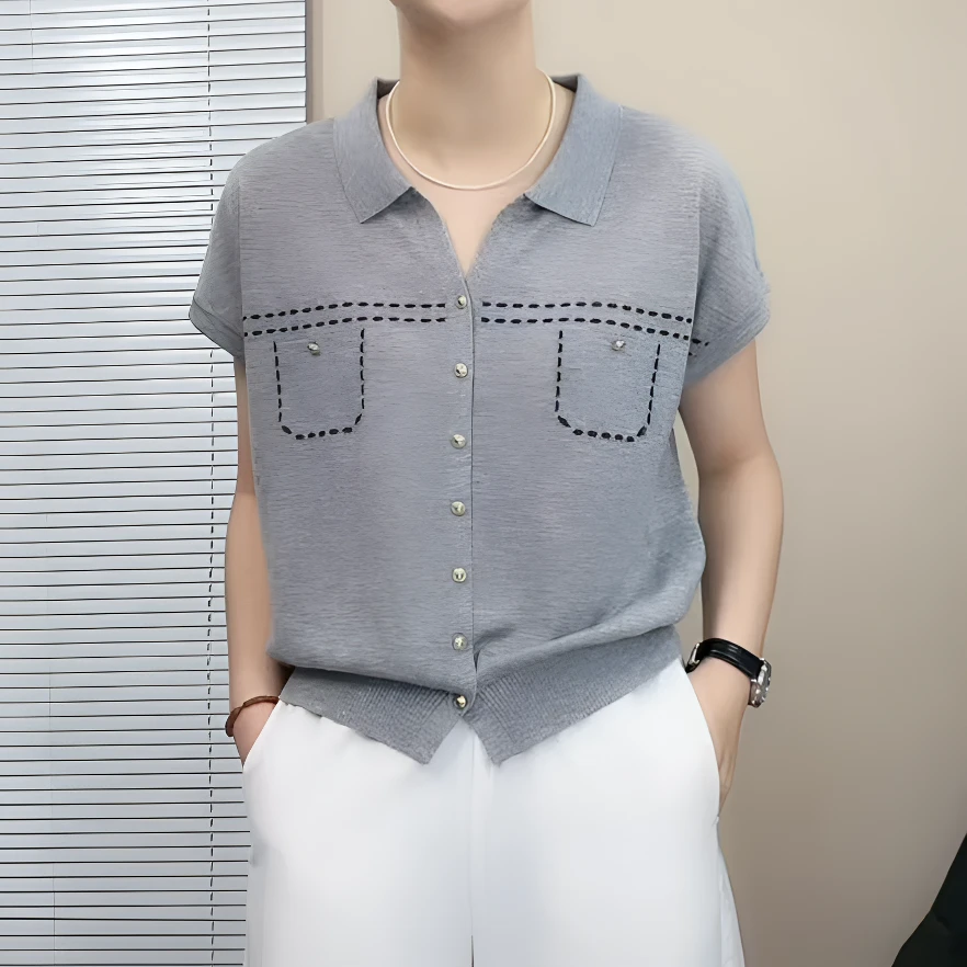 翻领纯色夏季袖短袖毛针织衫开衫polo上衣欧美风针织T恤小香风女