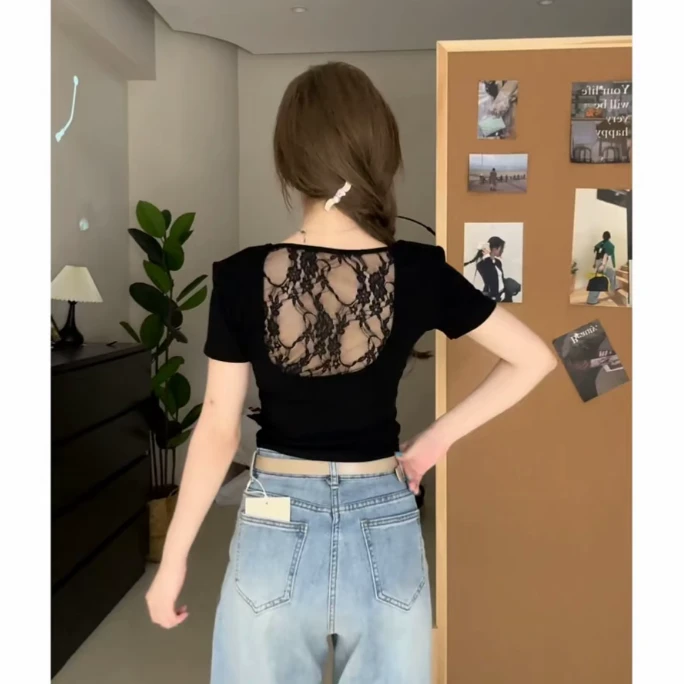 2025网红夏款纯欲蕾丝镂空露背短袖t恤女修身性感辣妹套头上衣潮t