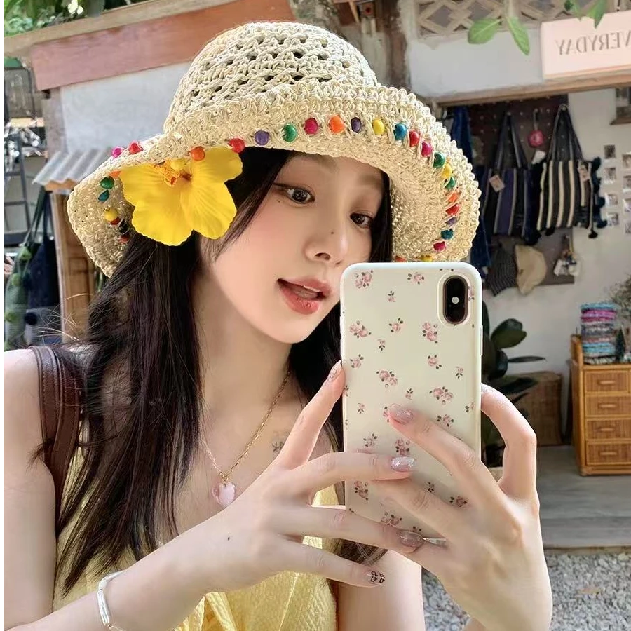 泫雅风彩色木珠草帽女夏季大帽檐草编渔夫帽可折叠海边遮阳防晒帽