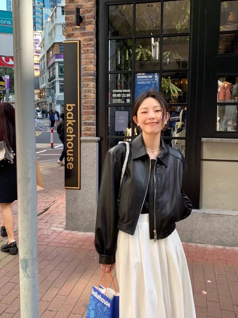 黑色短款皮衣外套女高级感2025春秋新款小个子港风复古皮夹克机车