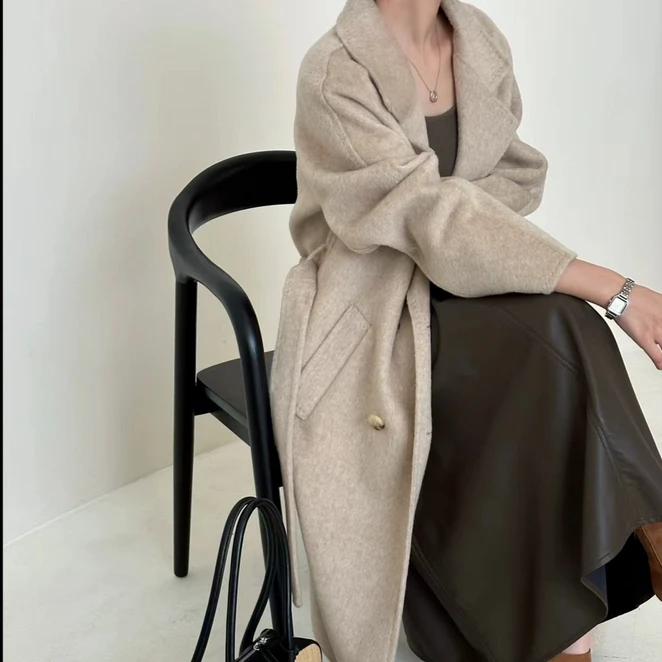 101801秋冬高端骆驼绒双面驼绒大衣女长款双排扣系带羊毛呢外套