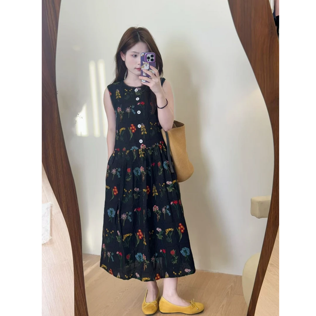 小个子重工韩系复古全绣花无袖背心裙连衣裙