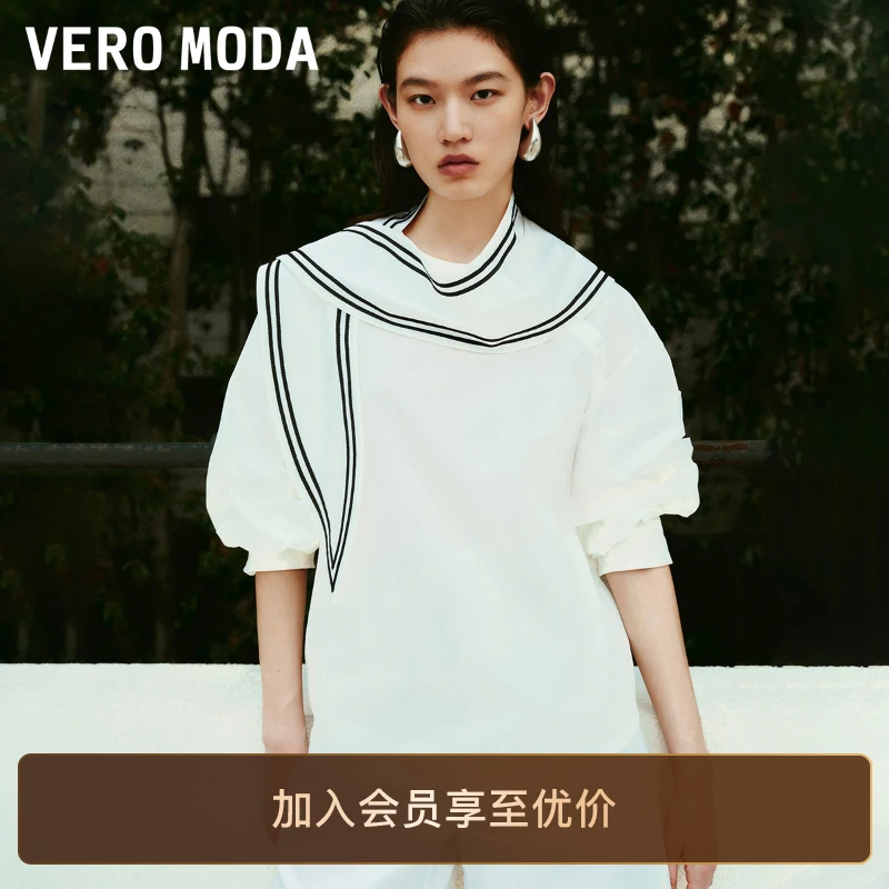 Vero Moda衬衫女装2025新款宽松圆领可拆卸领巾洋气小众衬衣百搭