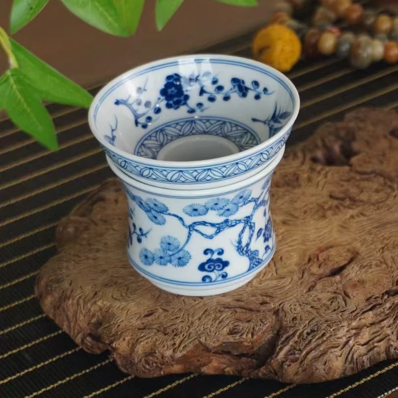 怀山堂仿元手绘青花瓷松竹梅岁寒三友茶漏茶滤釉下彩柴窑纯手工