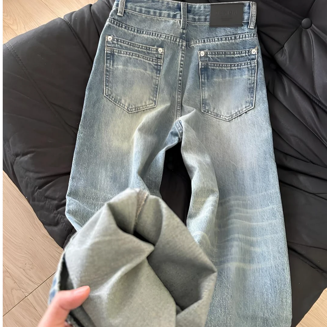 2025新款美式复古水洗垂感百搭阔腿裤设计感高腰宽松直筒牛仔裤女