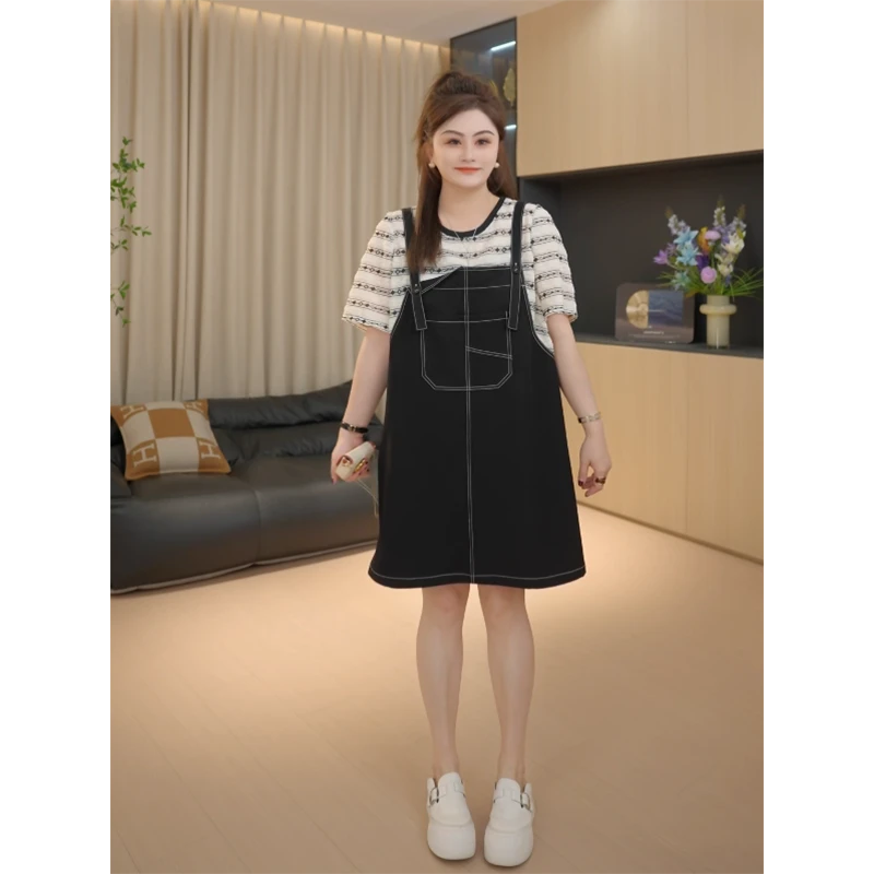 【胖佳佳】现货~宝藏裙 假两件短袖连衣裙时尚刺绣牛仔裙H625Z05348