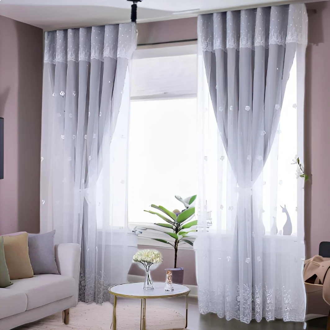 新款窗帘卧室家用成品遮光隔热绣花窗帘客厅镂空星星布纱一体唯美