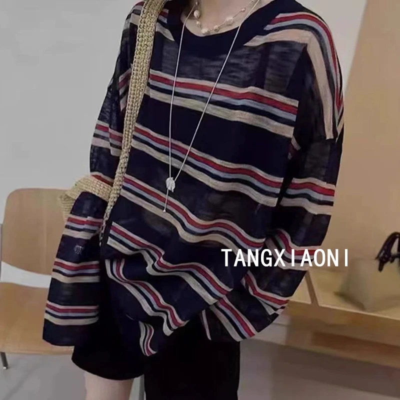 2店 慵懒版 藏青红米条纹麻麻子针织上衣