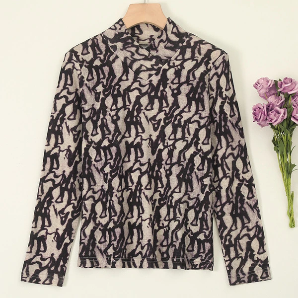 LANZIBES/蓝之蓓秋冬V领羊毛长袖打底百搭通勤上衣时尚印花C7324