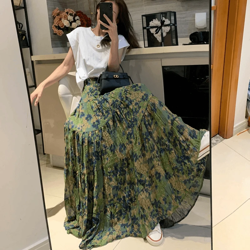 高腰碎花雪纺半身裙2025秋季裙子百褶绿色复古长裙气质A字大摆裙