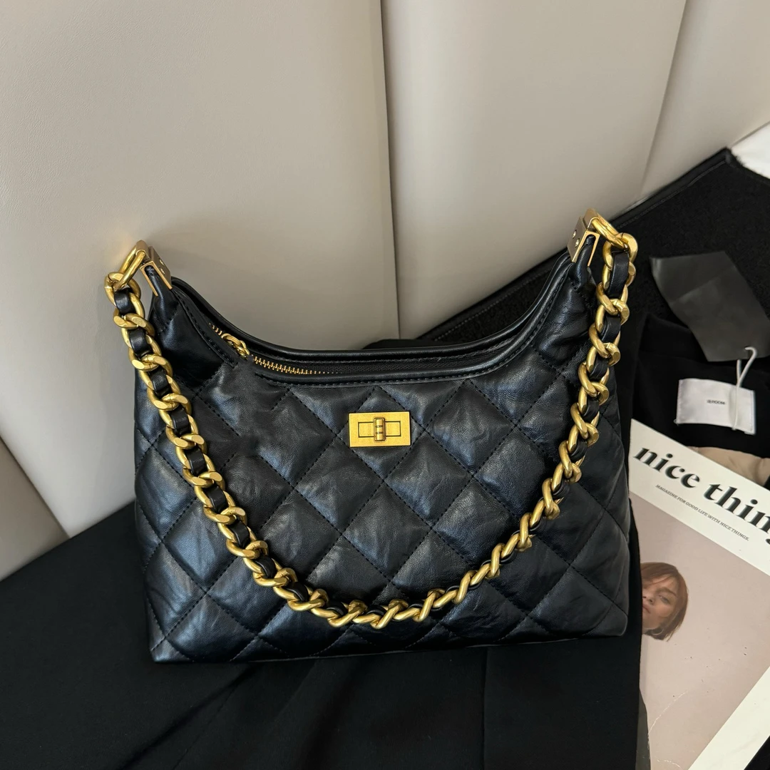 2025夏季新款小香风菱格绣线HOBO链条包大容量单肩腋下斜挎包时尚