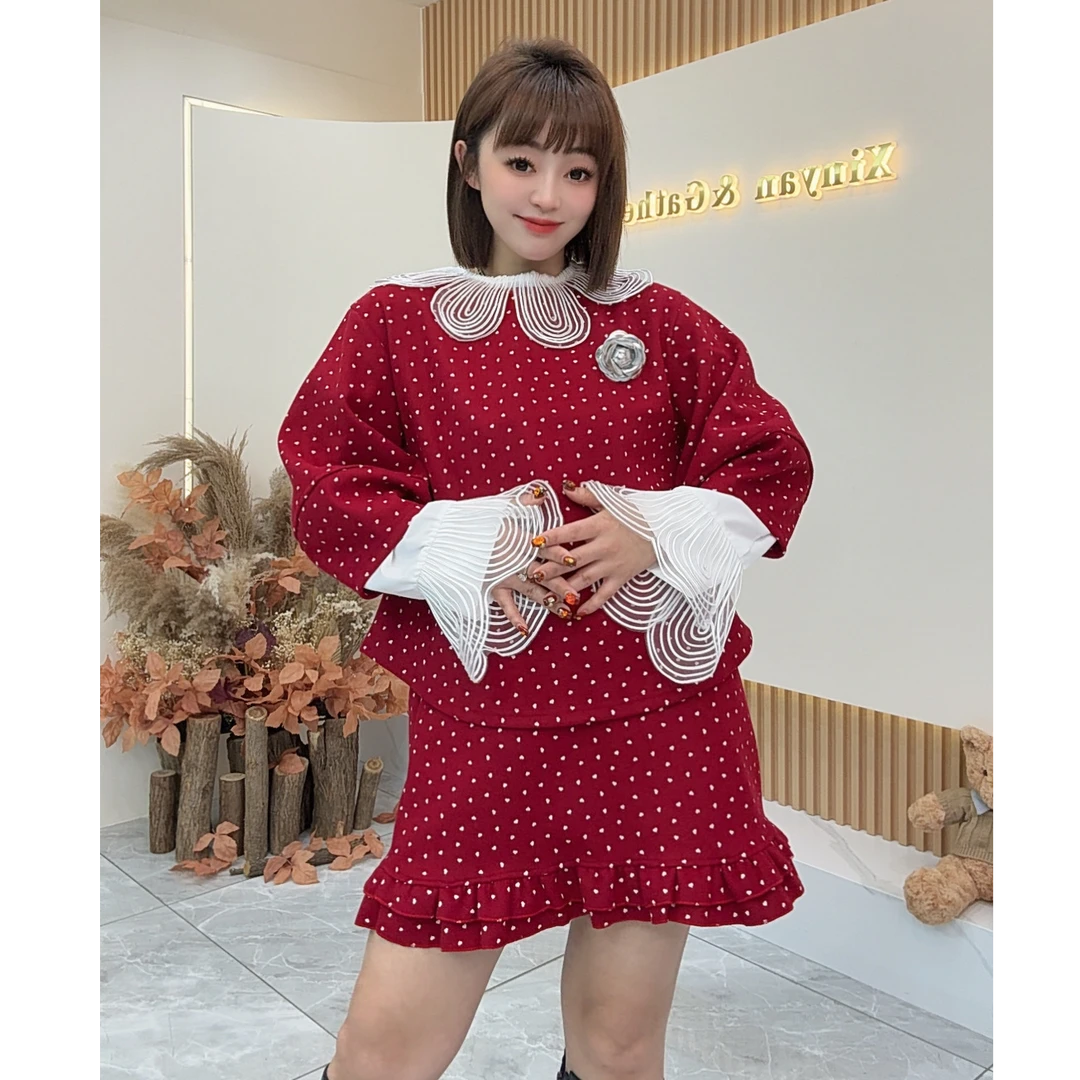 【鑫焱甄选】休闲风加厚时尚套装上衣冬季针织INS风红色新年战袍