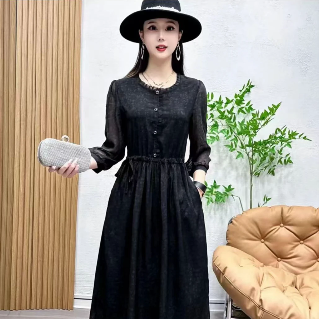 579-1春季新款时尚气质显瘦女宽松连衣裙中长款收腰妈妈装裙子