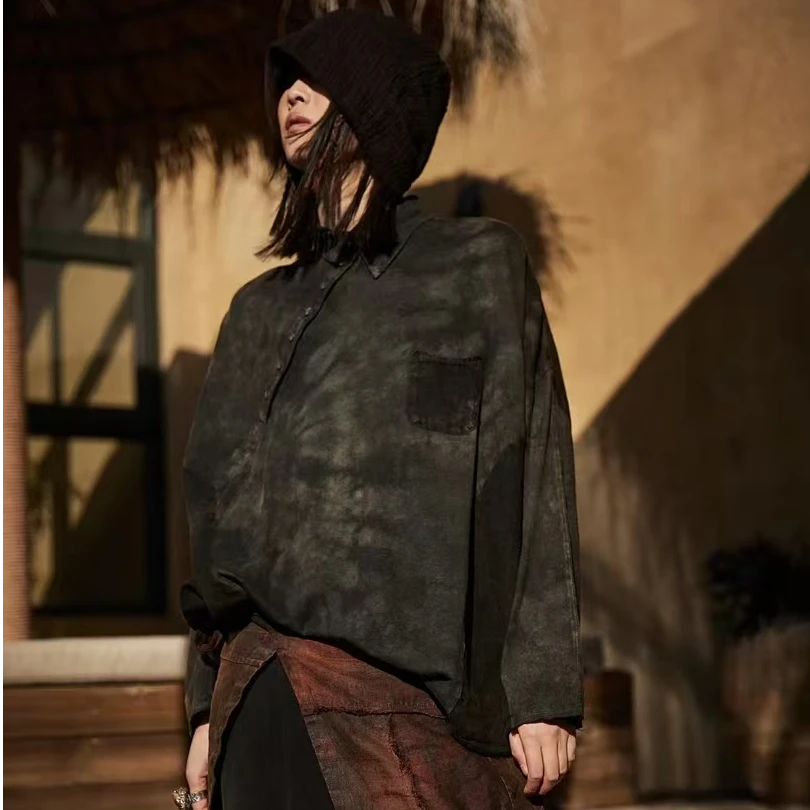 麻依者24春秋款原创设计师款植物染复古棉麻斑驳感长袖T恤12030