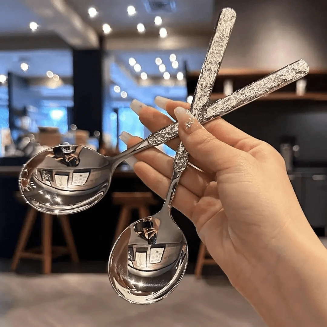 [两只装 囤!]不锈钢冰裂纹圆头勺家用高端汤匙长柄勺喝汤西餐勺A