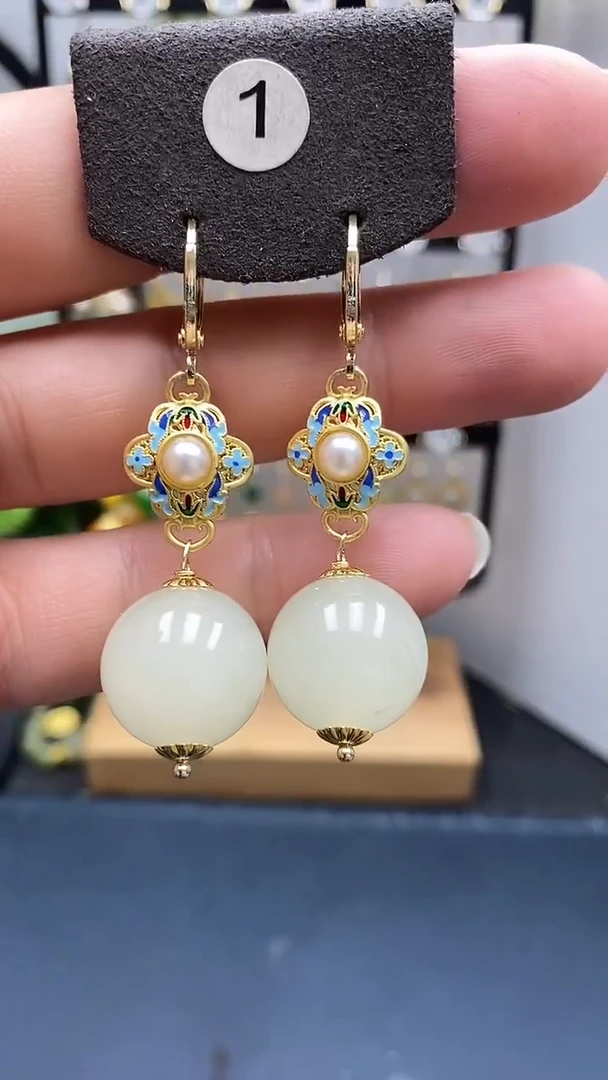 银S925镀金镶嵌和田玉耳饰尺寸16mm耳扣A2