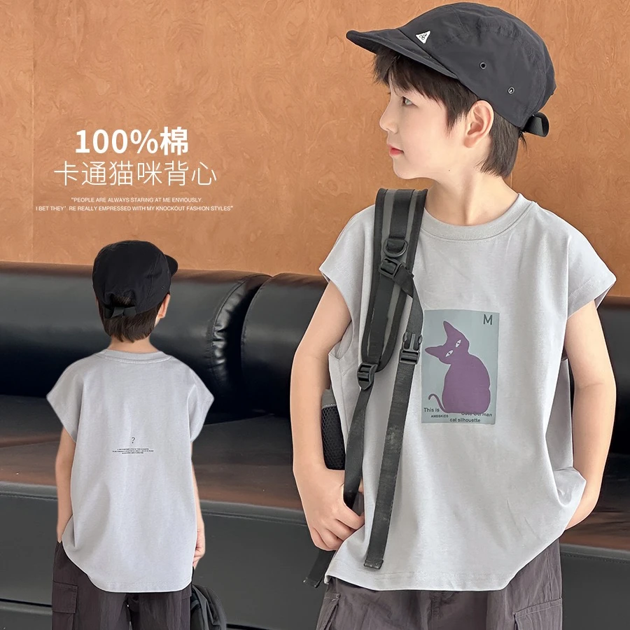 男童T恤2025夏季新款儿童百搭宽松休闲卡通无袖背心上衣韩版潮帅