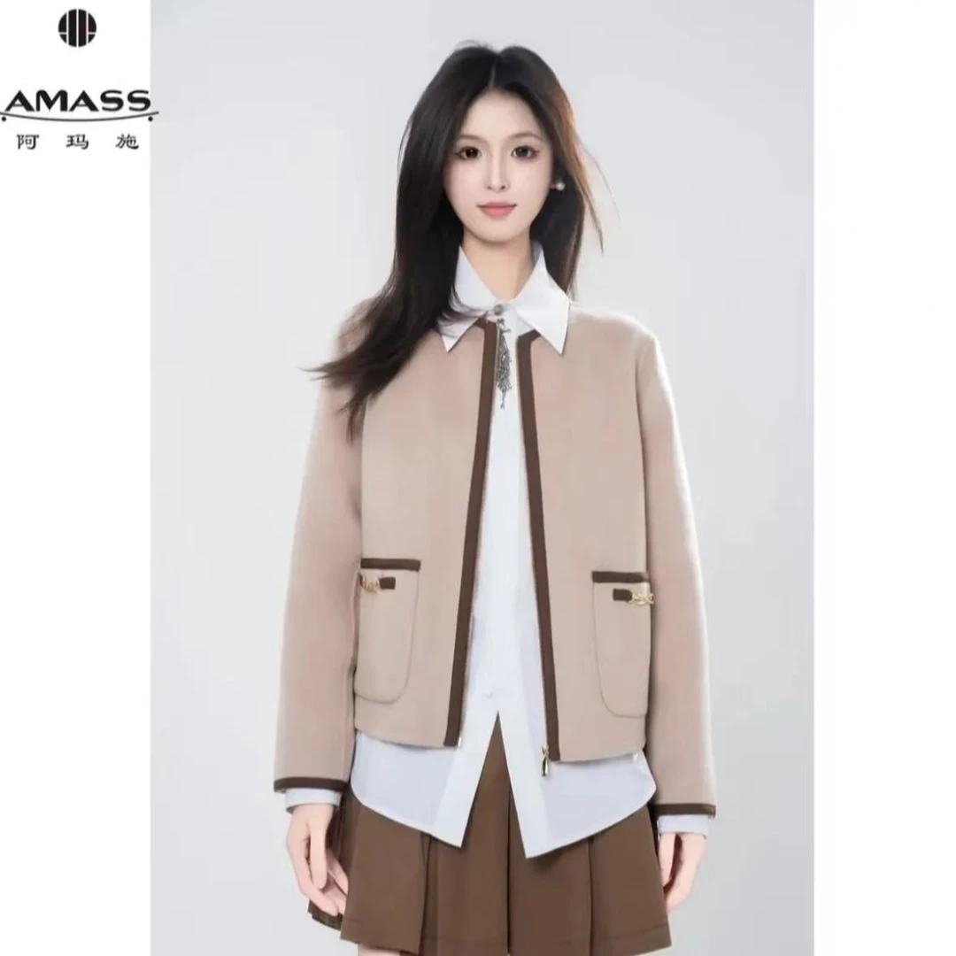 AMASS/阿玛施[永恒叙事]老钱风通勤拼色圆领毛呢外套540022