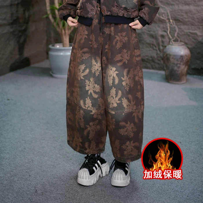 【加绒牛仔裤磨白加厚】休闲复古女长裤秋冬保暖松紧腰加绒裤子