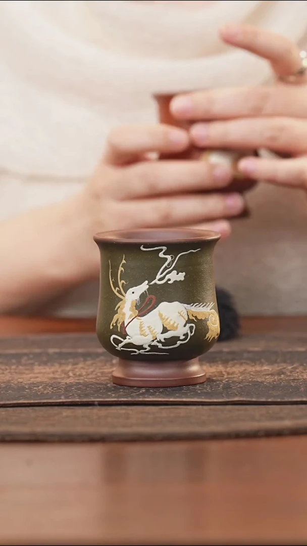 紫砂茶叶罐柒*绿泥泥绘麋鹿主人杯