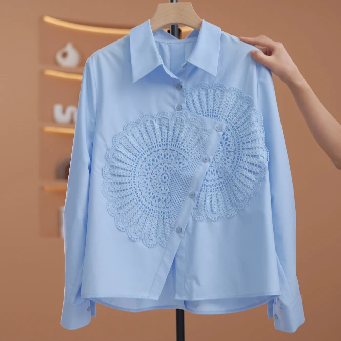 【蕊蕊2】时尚百搭设计感翻领长袖白衬衫女小众显瘦上衣Y14676