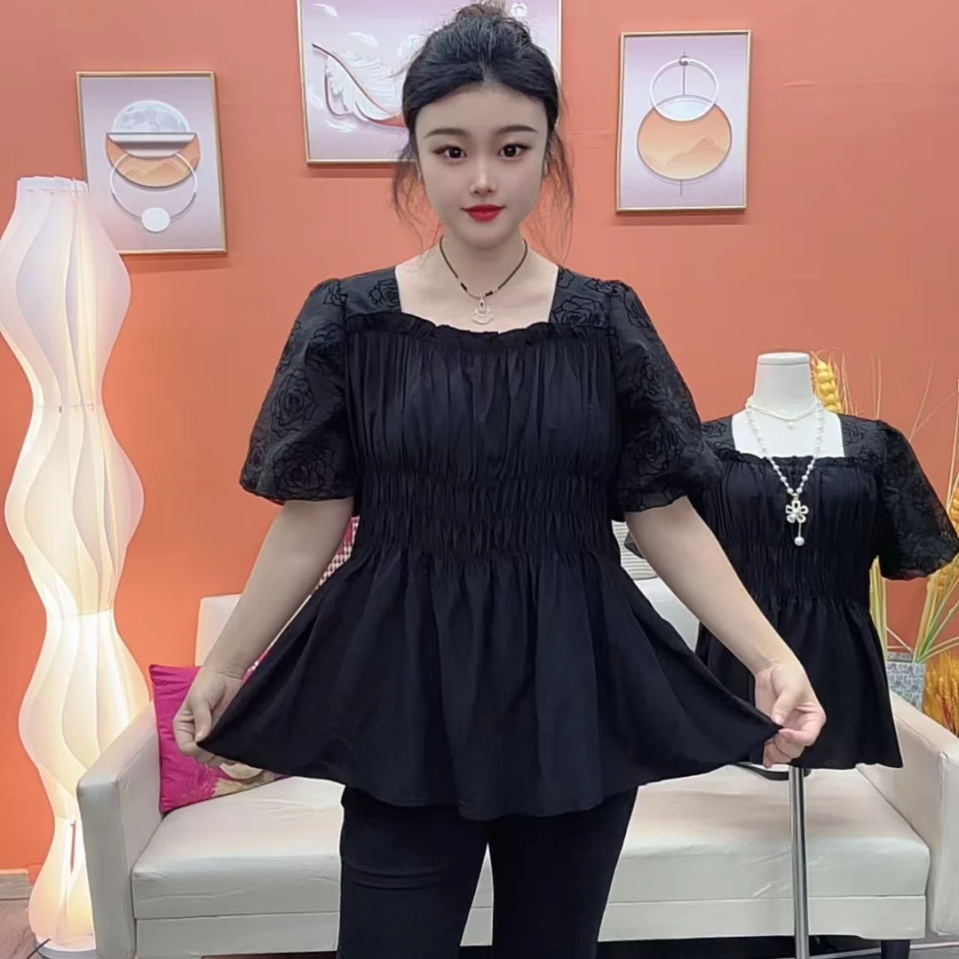 夏季大码胖mm网红爆款拼接网纱花苞袖立体玫瑰花收腰显瘦短袖上衣