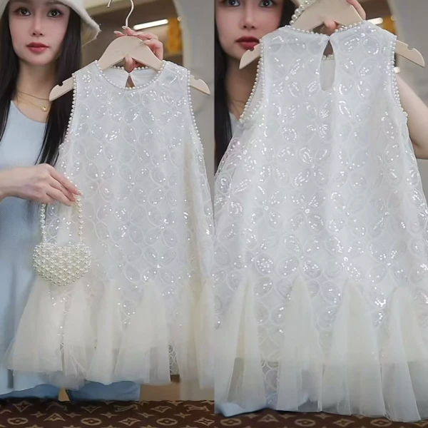 AYJ250144女童韩版夏季白色亮片礼服连衣裙
