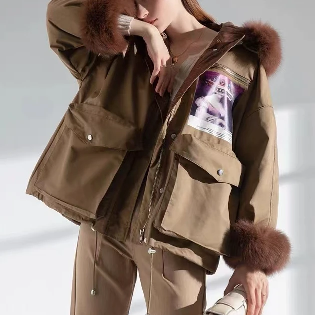 冬季时尚百搭真毛领连帽派克羽绒服 C2895