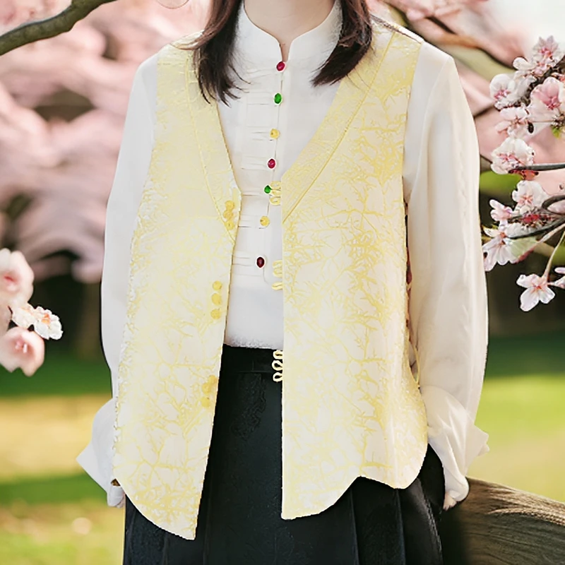 『春蕾』新中式提花马甲外套2025春季新款复古国风V领百搭上衣女装