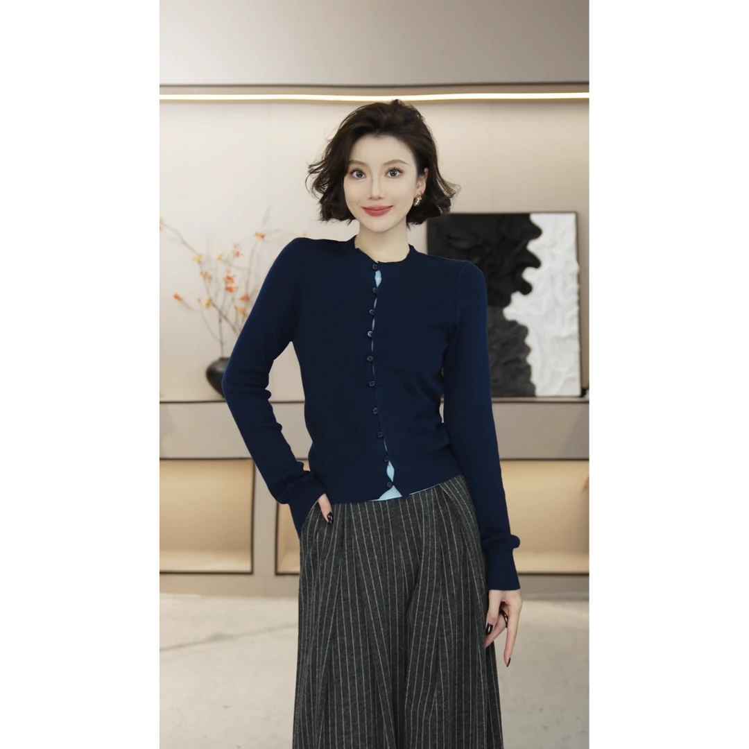 「京京」拼色假两件针织衫修身长袖套头毛衣秋小众上衣CSKDG00201