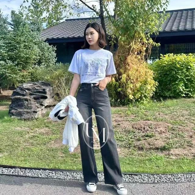 【阔腿牛仔裤女】韩国微弹高腰显瘦蓝色黑色阔腿直筒牛仔裤女-Y2501