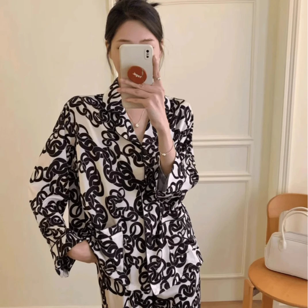 轻奢高定丝质睡衣套装女扭结印花长袖长裤高级感冰丝家居服可外穿