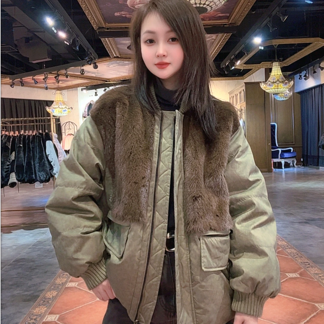 【85729-E】 2025新款时尚百搭鹅绒配水貂皮草外套