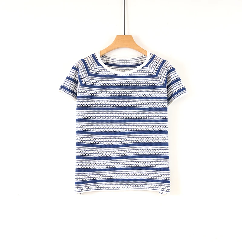 东达蒙古王【100%桑蚕丝】夏季新款刺绣条纹透气女针织衫-DMW5631T